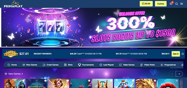Screenshot of the PrimaPlay casino logged in page