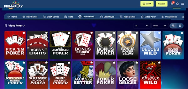 Screenshot of the PrimaPlay casino video poker page