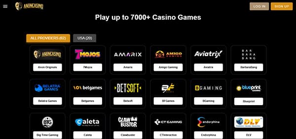 Screenshot of Anon Casino Game Providers
