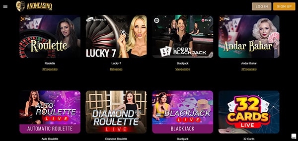 Screenshot of Anon Casino Live Dealer Games