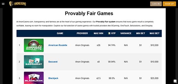 Screenshot of Anon Casino Provably Fair Games Page