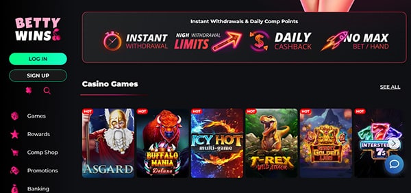 Screenshot of Betty Wins Casino homepage