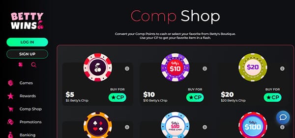 Screenshot of Betty Wins Casino comp shop page