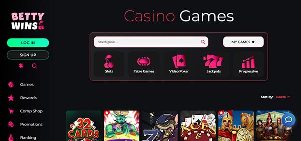 Screenshot of Betty Wins Casino games page