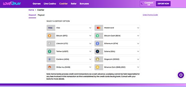 Screenshot of the Love2Play Casino Cashier Page