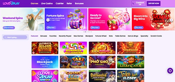 Screenshot of the Love2Play Casino Homepage