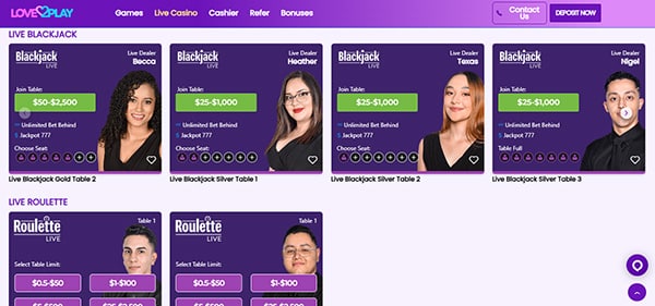 Screenshot of the Love2Play Casino Live Dealer Lobby