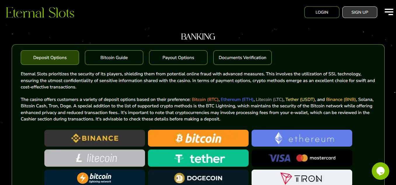 Eternal Slots Banking Page Screenshot