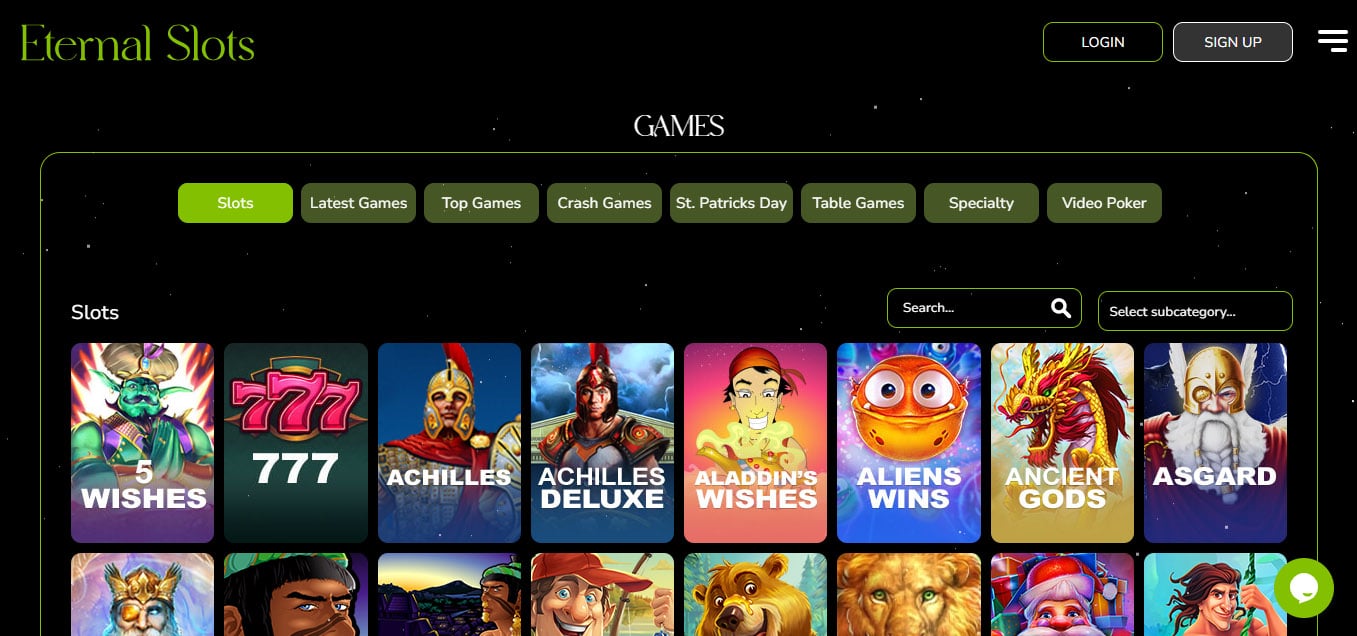 Eternal Slots Games Page Screenshot