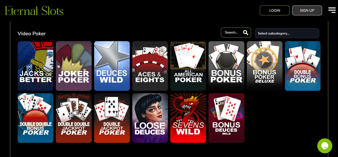Eternal Slots Video Poker Page Screenshot