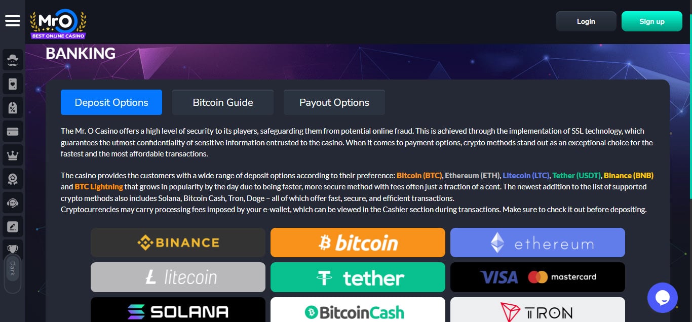 Screenshot of Mr O Casino Banking Page