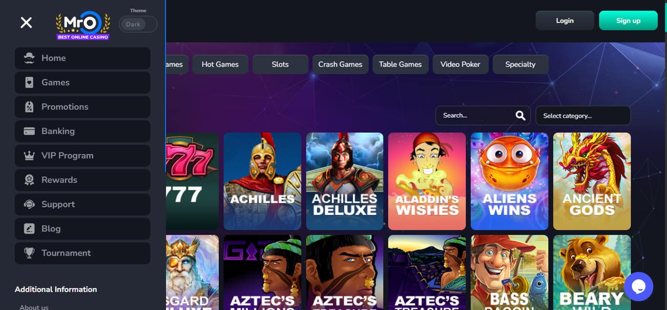 Screenshot of Mr O Casino Games Page and Menu