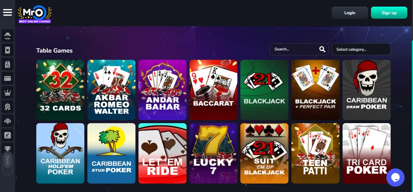 Screenshot of Mr O Casino Table Games Page