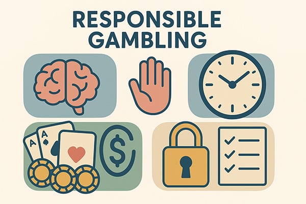 Illustration of responsible gambling with icons representing self-control, time management, and safe betting habits.