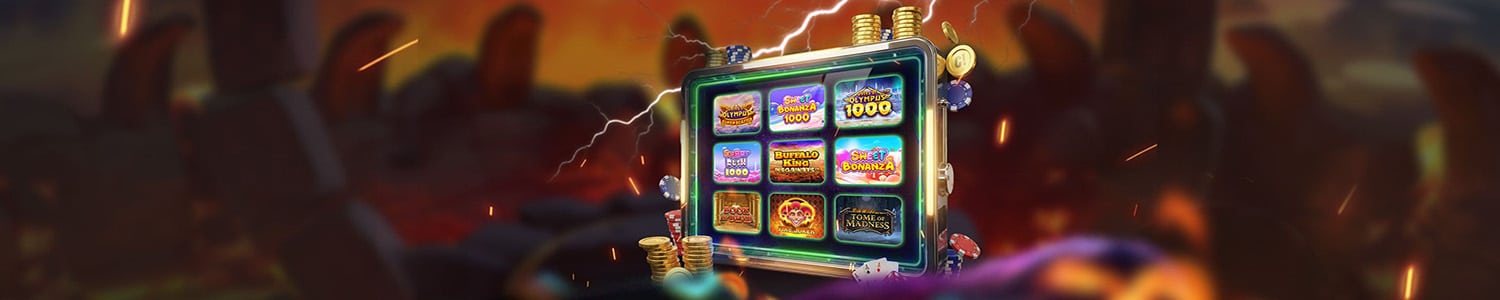 Online Casino Games with Fiery Background depicting Real Money Casinos