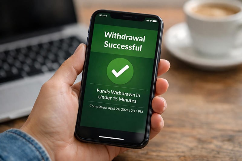 User checking phone showing instant withdrawal confirmation within 15 minutes on financial platform