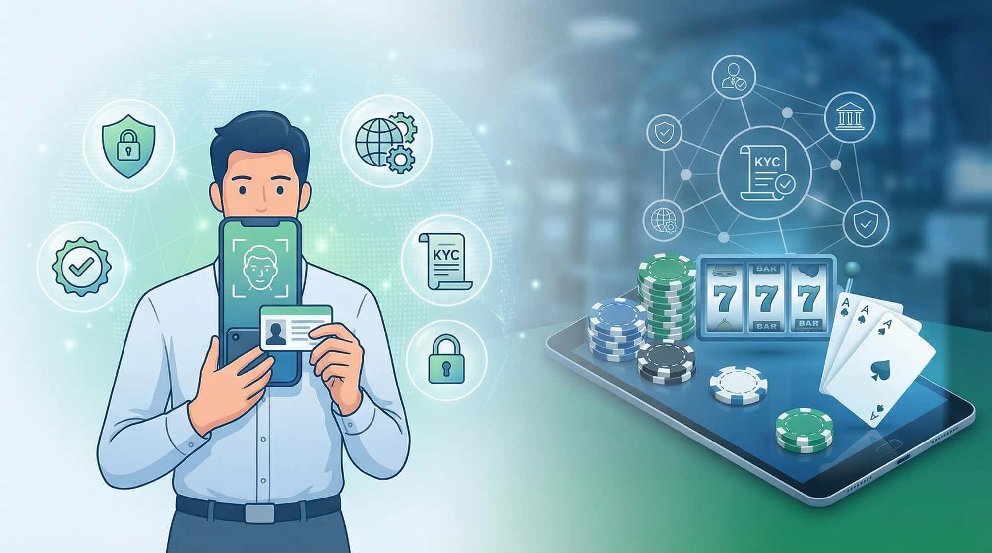 Online casino player completing ID verification with passport and smartphone for KYC compliance
