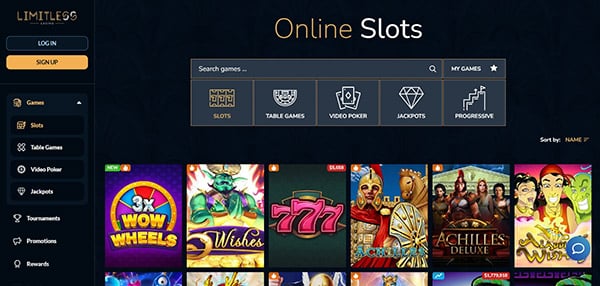 Limitless Casino homepage screenshot
