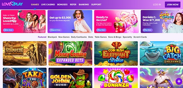 Love2Play Casino homepage screenshot