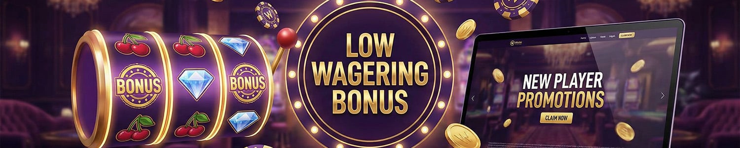 Low wagering casino bonus concept with coins and slot machine symbols