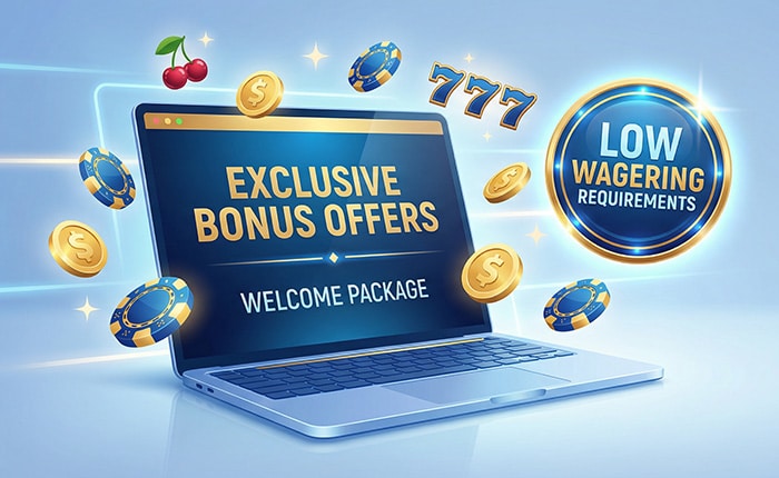 Low wagering casino bonus concept with floating coins, slot symbols and online casino offers on a laptop screen