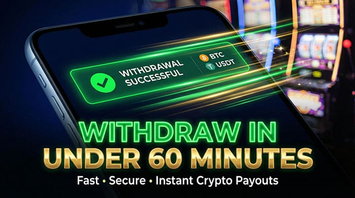 smartphone emphasizing a casino withdrawal in under 60 minutes