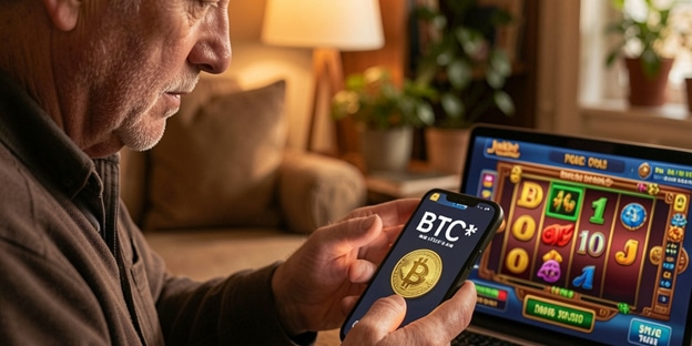 Man playing online slots checking BTC on mobile device