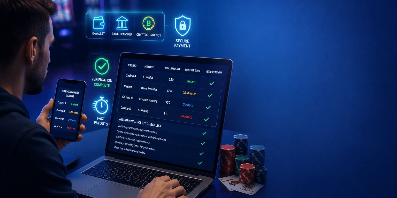 Comparison showing how instant withdrawal times vary between online casinos based on verification, payment method, and processing requirements.