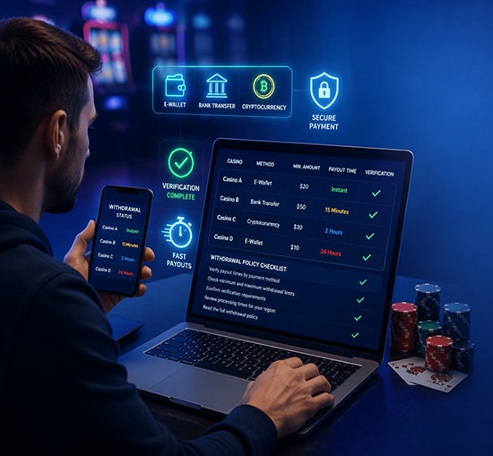 Player comparing instant withdrawal payout times at different online casinos using secure payment methods and digital wallets.